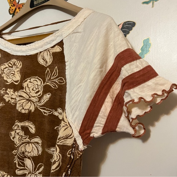We The Free Brown and Cream Floral Short Sleeve Top S - Picture 5 of 9